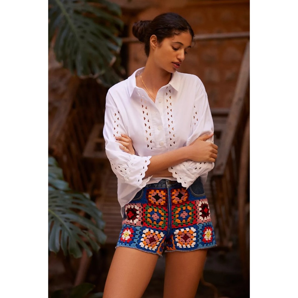 Farm Rio Anthropologie Ultra High Rise Crochet Denim Shorts Patchwork Size 28‎